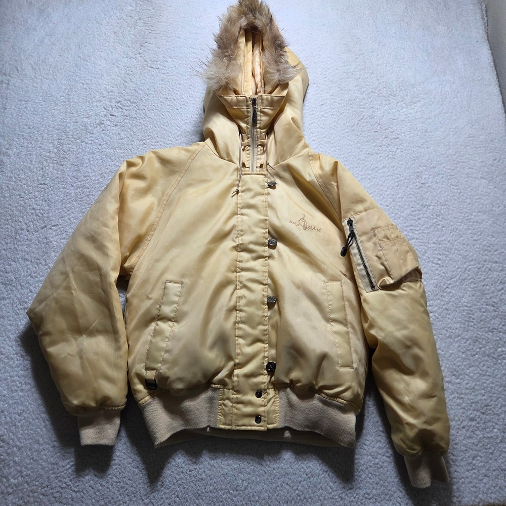 Vintage Baby Phat Bomber Down Jacket Womens Small Yellow Coyote Fur Hood Y2K
